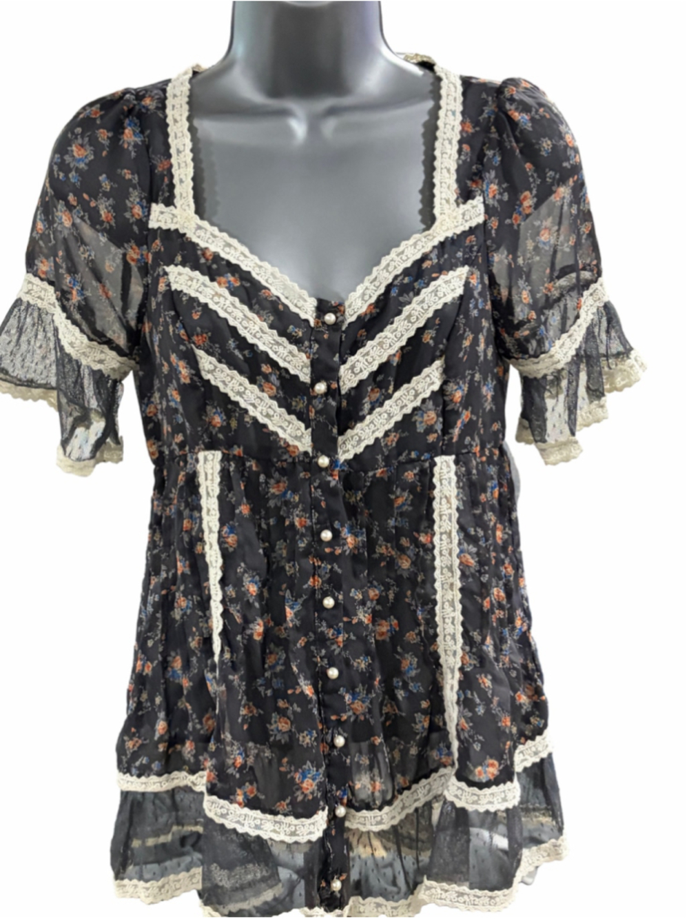 28. Women's Do & Be Floral Blouse Size S Black Beige Lace Trim